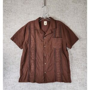 Dandy Del Mar Linen Blend Shirt Mens M Brown Embroidered Cuban Guayabera Button